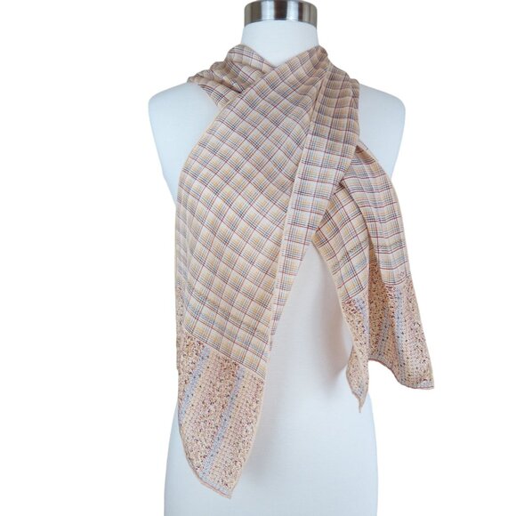 Vintage ECHO Autumnal Long Silk Scarf 57"x9" Muted Plaid Floral Border - Picture 6 of 8